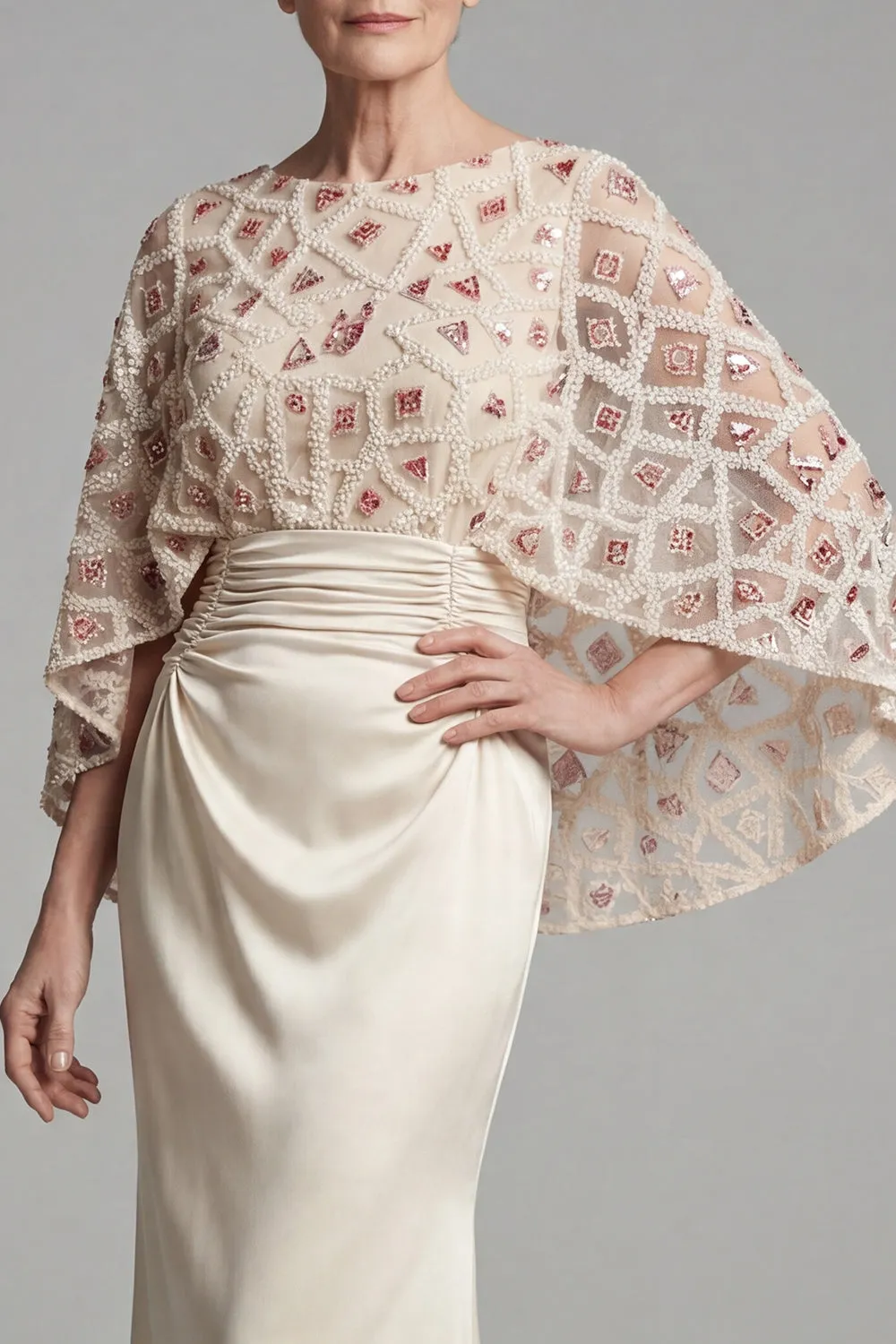 Ivory Beaded Capelet Evening Gown - Ruched Satin Soft Mermaid Grandmother of the Bride Dress