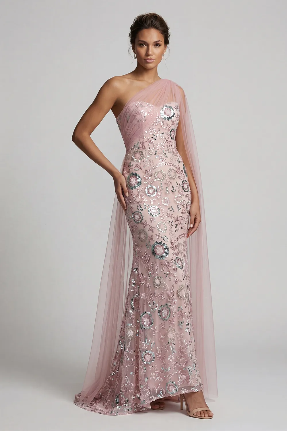 Blush Pink Beaded Mermaid Evening Gown - One-Shoulder Mother of the Bride Dress with Tulle Side Cape