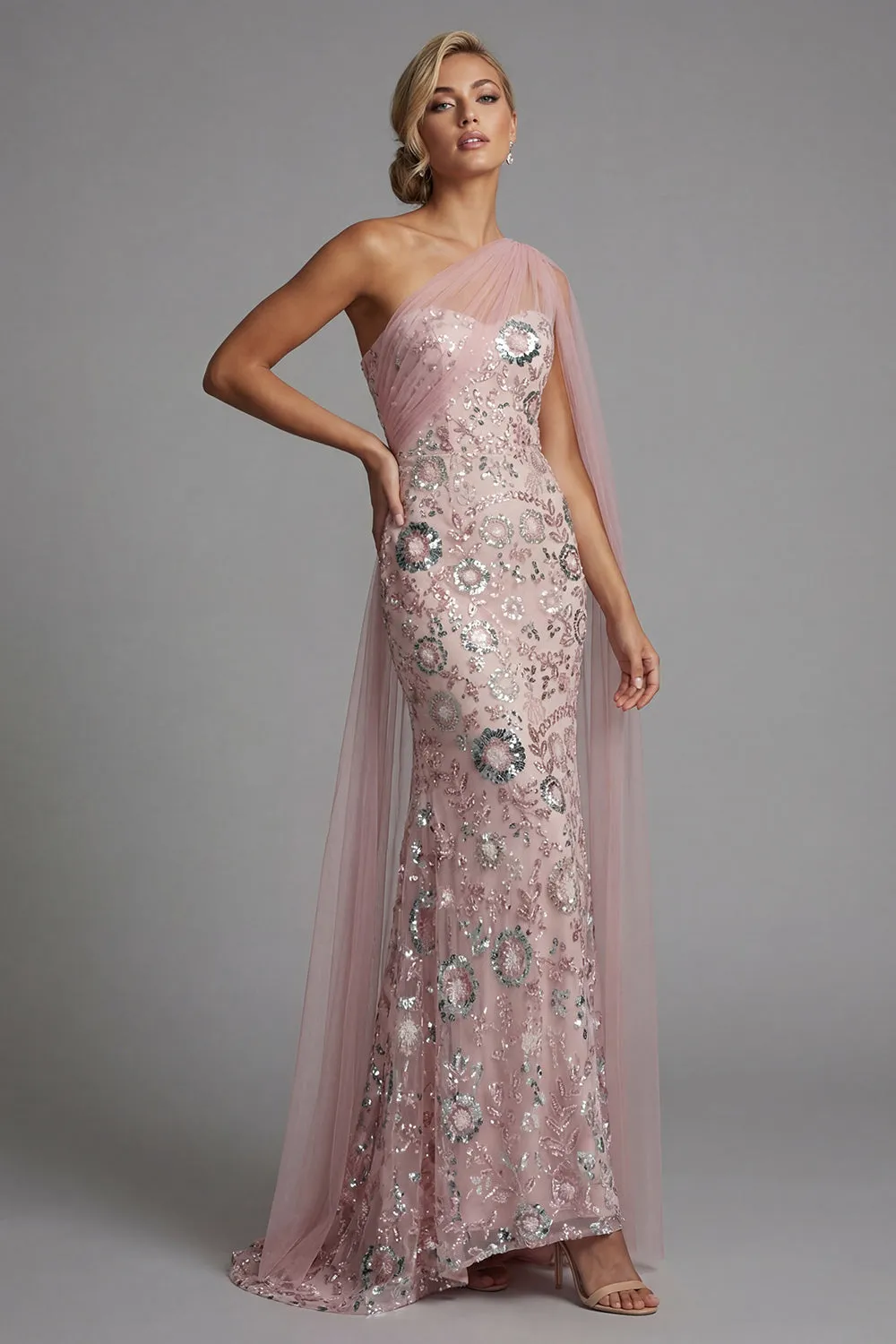 Blush Pink Beaded Mermaid Evening Gown - One-Shoulder Mother of the Bride Dress with Tulle Side Cape