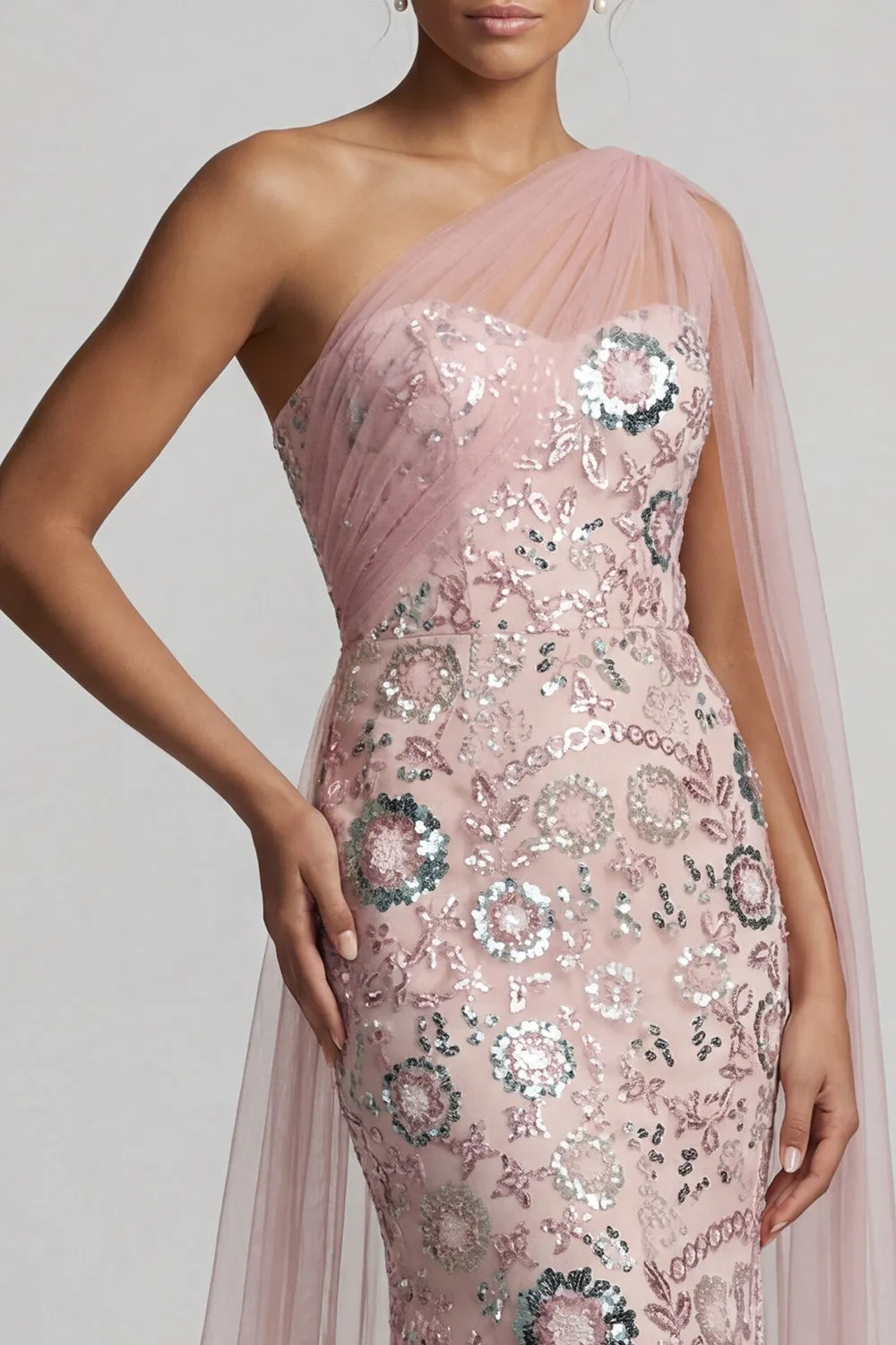 Blush Pink Beaded Mermaid Evening Gown - One-Shoulder Mother of the Bride Dress with Tulle Side Cape