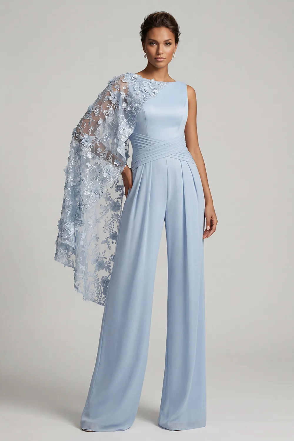 Sky Blue Floral Cape Formal Pantsuit - Boat Neck Wide Leg Mother of the Bride Jumpsuit with Ruched Waist & Pockets