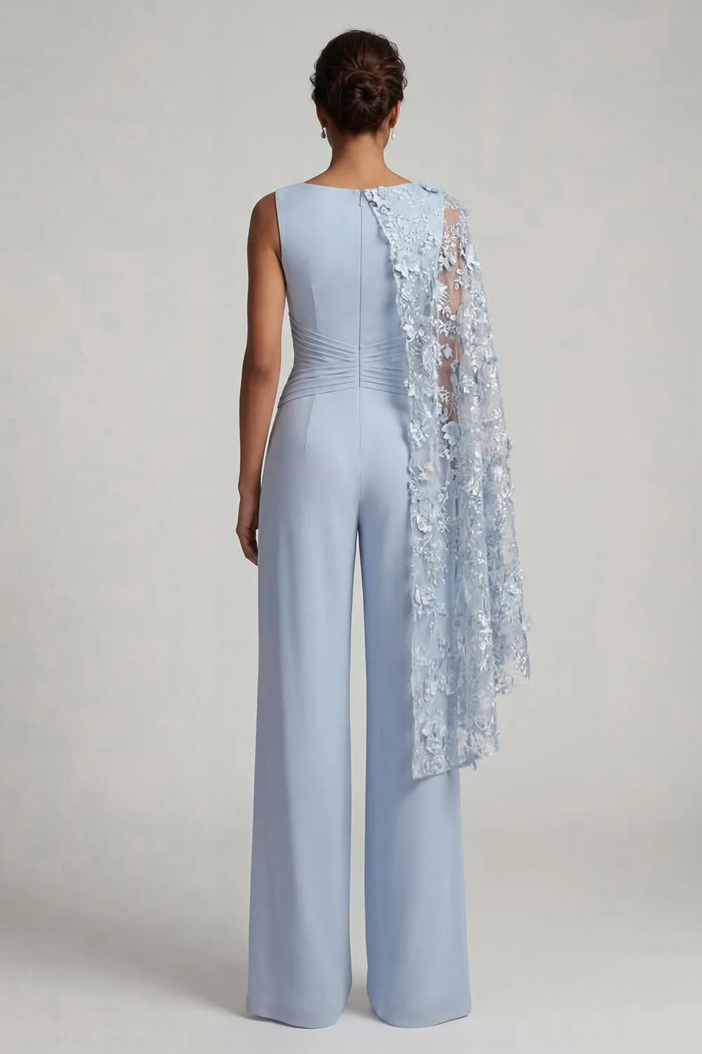 Sky Blue Floral Cape Formal Pantsuit - Boat Neck Wide Leg Mother of the Bride Jumpsuit with Ruched Waist & Pockets