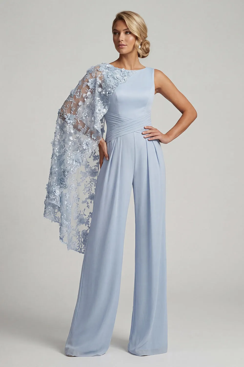 Sky Blue Floral Cape Formal Pantsuit - Boat Neck Wide Leg Mother of the Bride Jumpsuit with Ruched Waist & Pockets