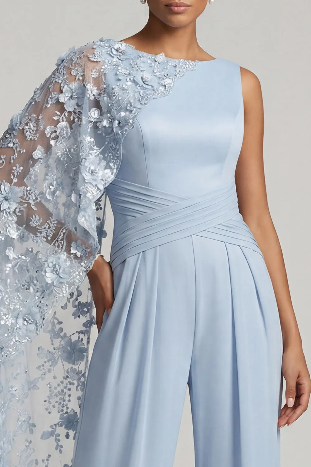 Sky Blue Floral Cape Formal Pantsuit - Boat Neck Wide Leg Mother of the Bride Jumpsuit with Ruched Waist & Pockets