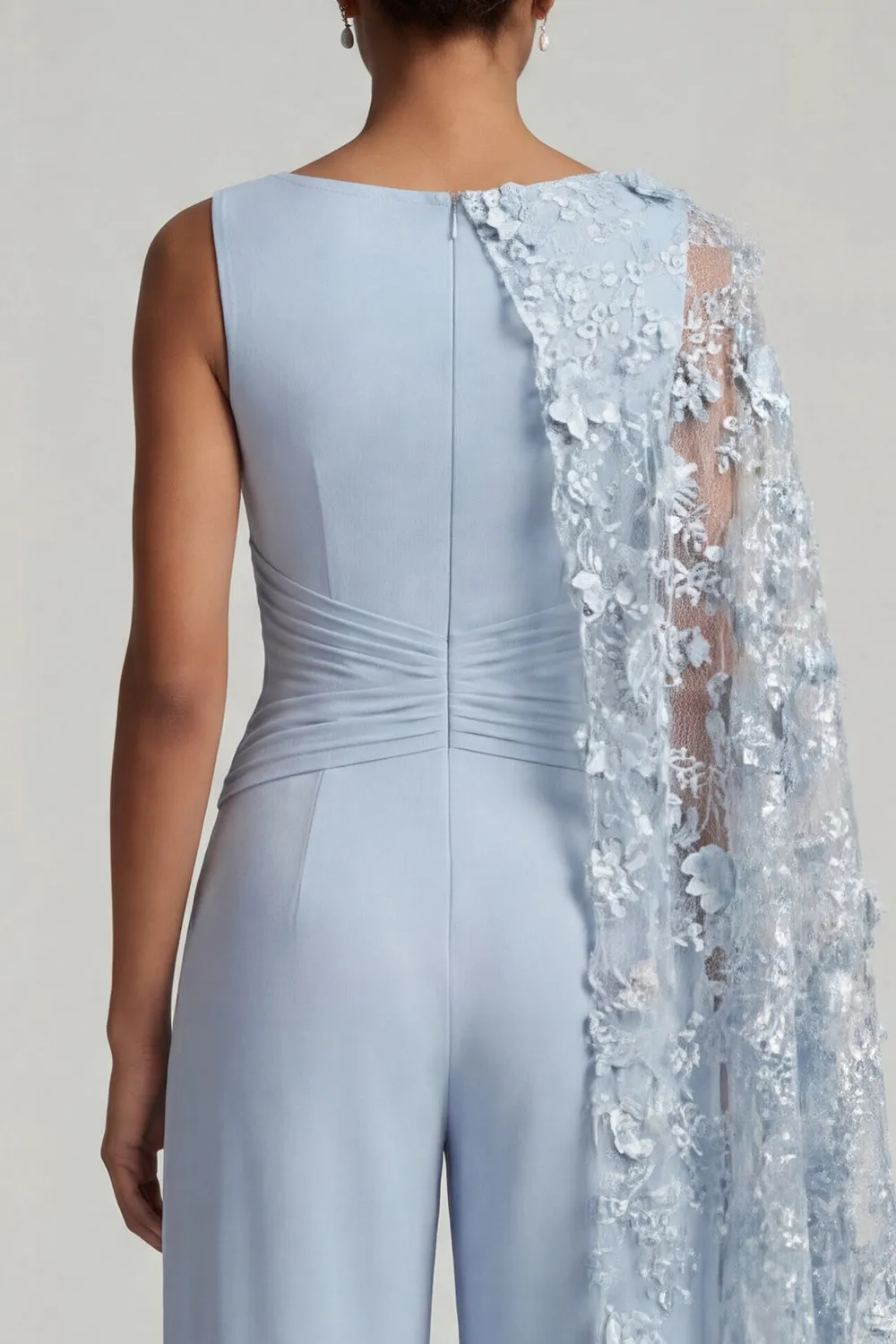 Sky Blue Floral Cape Formal Pantsuit - Boat Neck Wide Leg Mother of the Bride Jumpsuit with Ruched Waist & Pockets