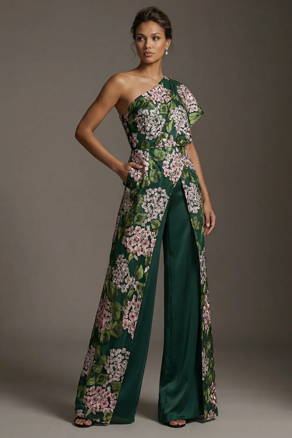 Emerald Green Floral One-Shoulder Formal Pantsuit - Mother of the Bride Jumpsuit with Overskirt & Pockets