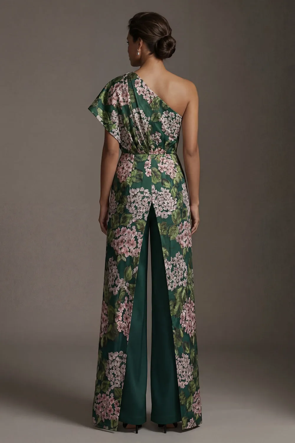 Emerald Green Floral One-Shoulder Formal Pantsuit - Mother of the Bride Jumpsuit with Overskirt & Pockets
