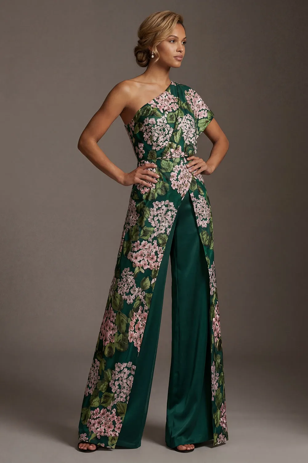 Emerald Green Floral One-Shoulder Formal Pantsuit - Mother of the Bride Jumpsuit with Overskirt & Pockets