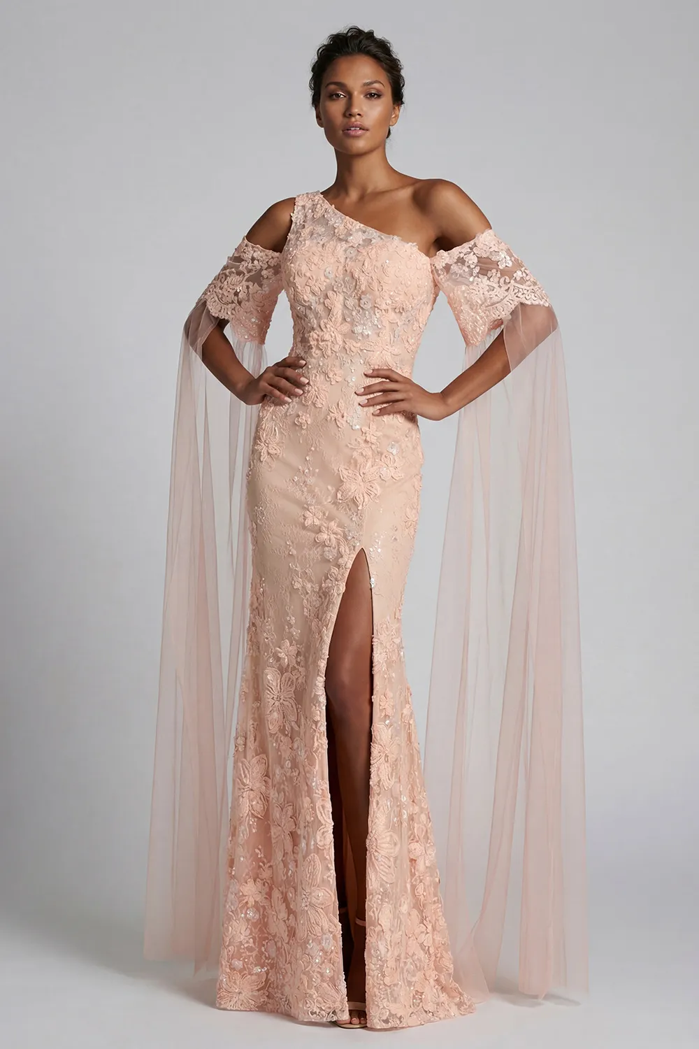 Peach 3D Floral Beaded Mermaid Evening Gown - Asymmetrical Cold-Shoulder Mother of the Bride Dress with Cape Sleeves