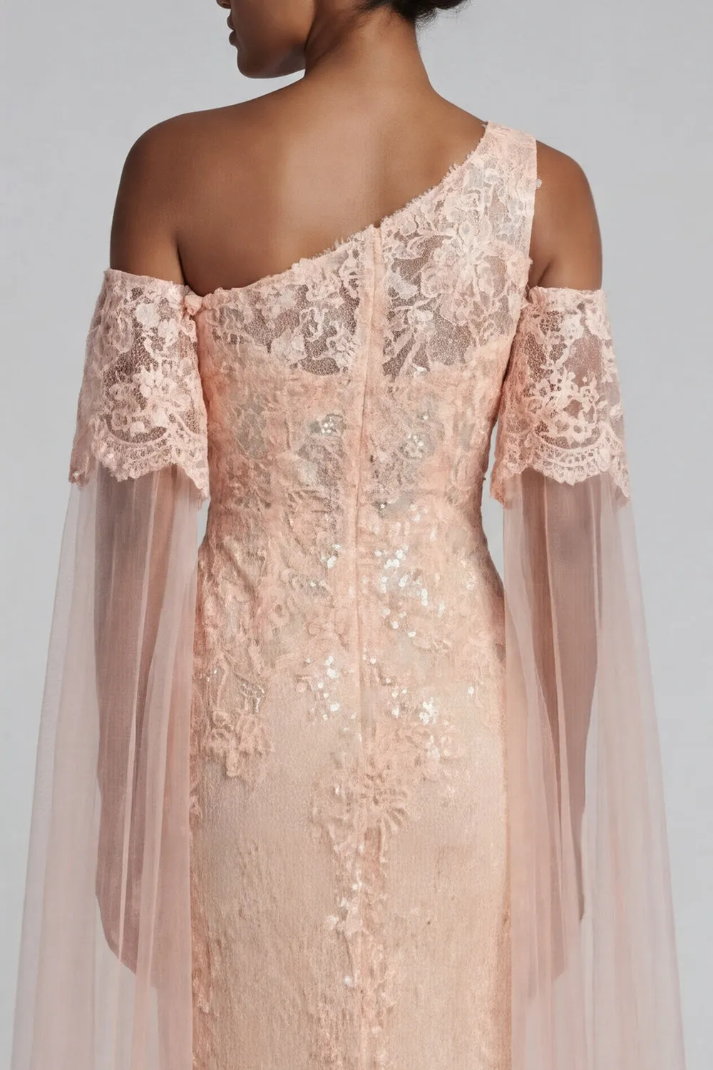 Peach 3D Floral Beaded Mermaid Evening Gown - Asymmetrical Cold-Shoulder Mother of the Bride Dress with Cape Sleeves