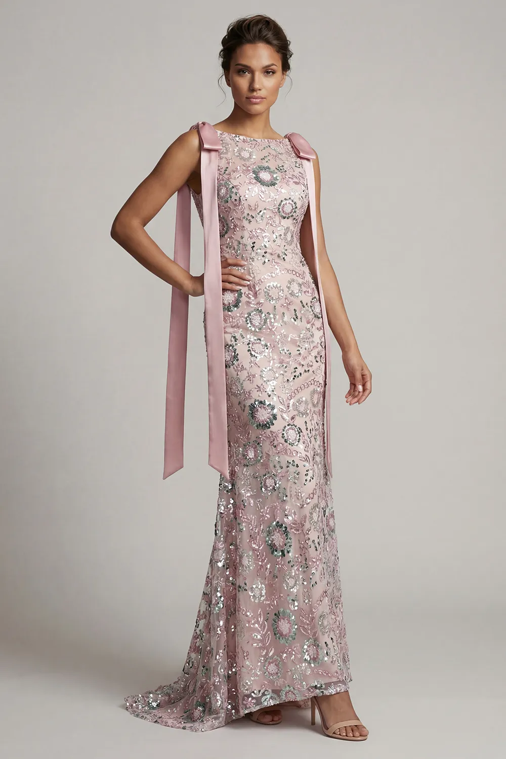 Blush Pink Beaded Floral Mermaid Evening Gown - Boat Neck Mother of the Bride Dress with Satin Shoulder Bows