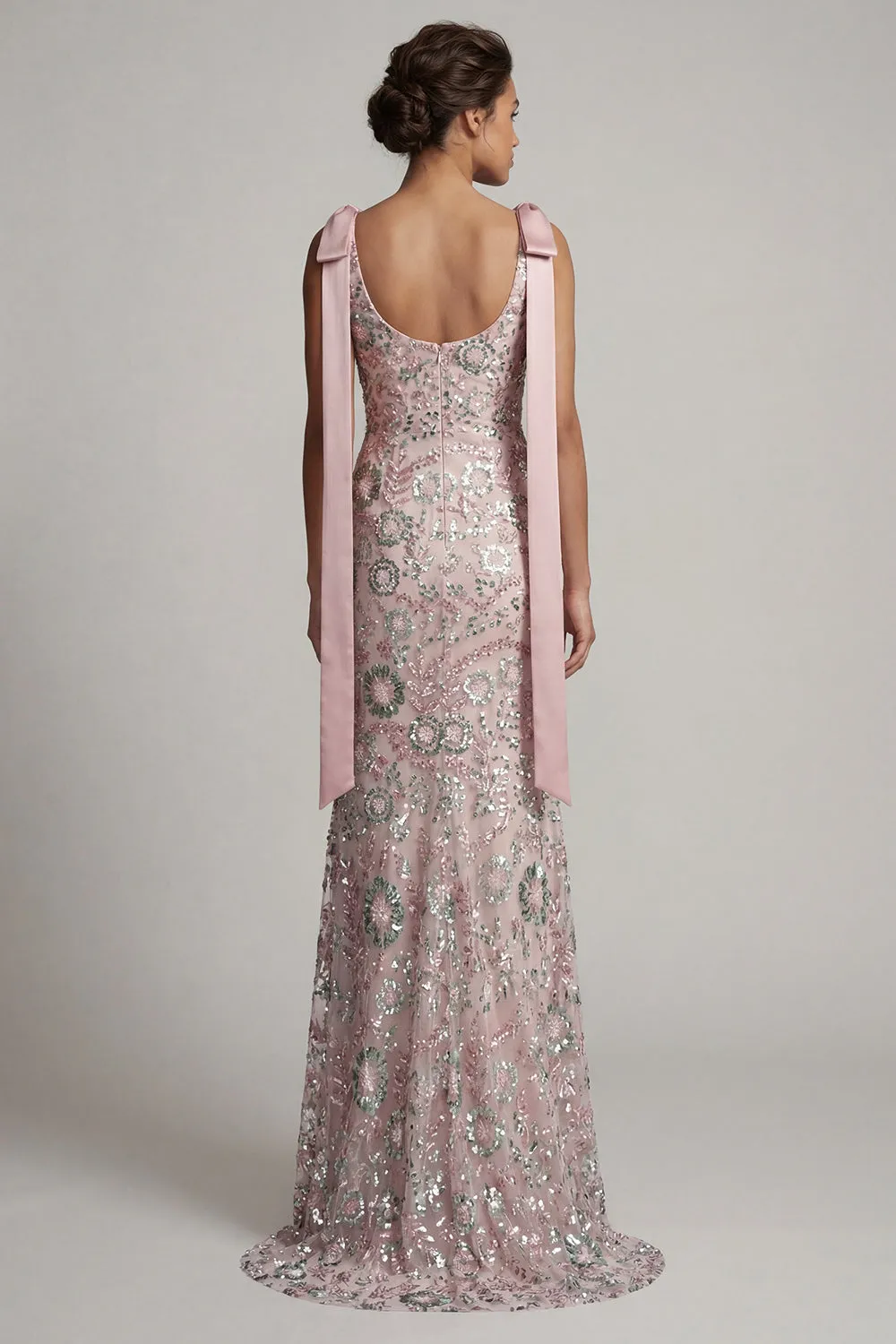 Blush Pink Beaded Floral Mermaid Evening Gown - Boat Neck Mother of the Bride Dress with Satin Shoulder Bows