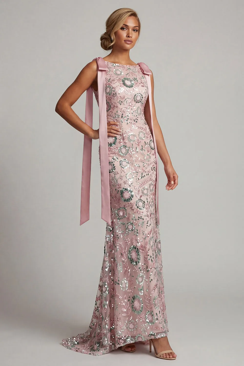 Blush Pink Beaded Floral Mermaid Evening Gown - Boat Neck Mother of the Bride Dress with Satin Shoulder Bows