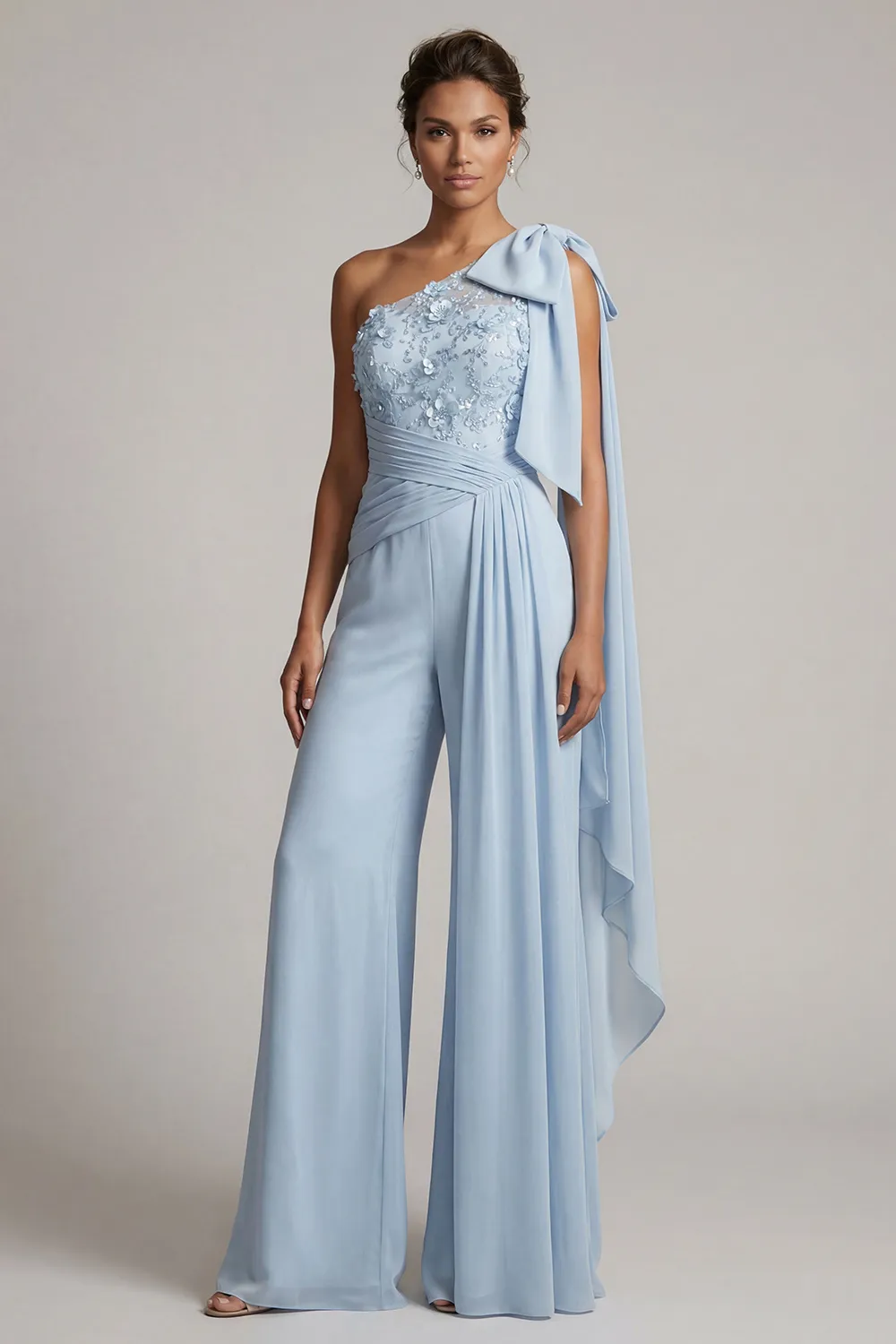 Sky Blue Floral Lace One-Shoulder Formal Pantsuit - Wide Leg Mother of the Bride Jumpsuit with Cape & Ruched Waist