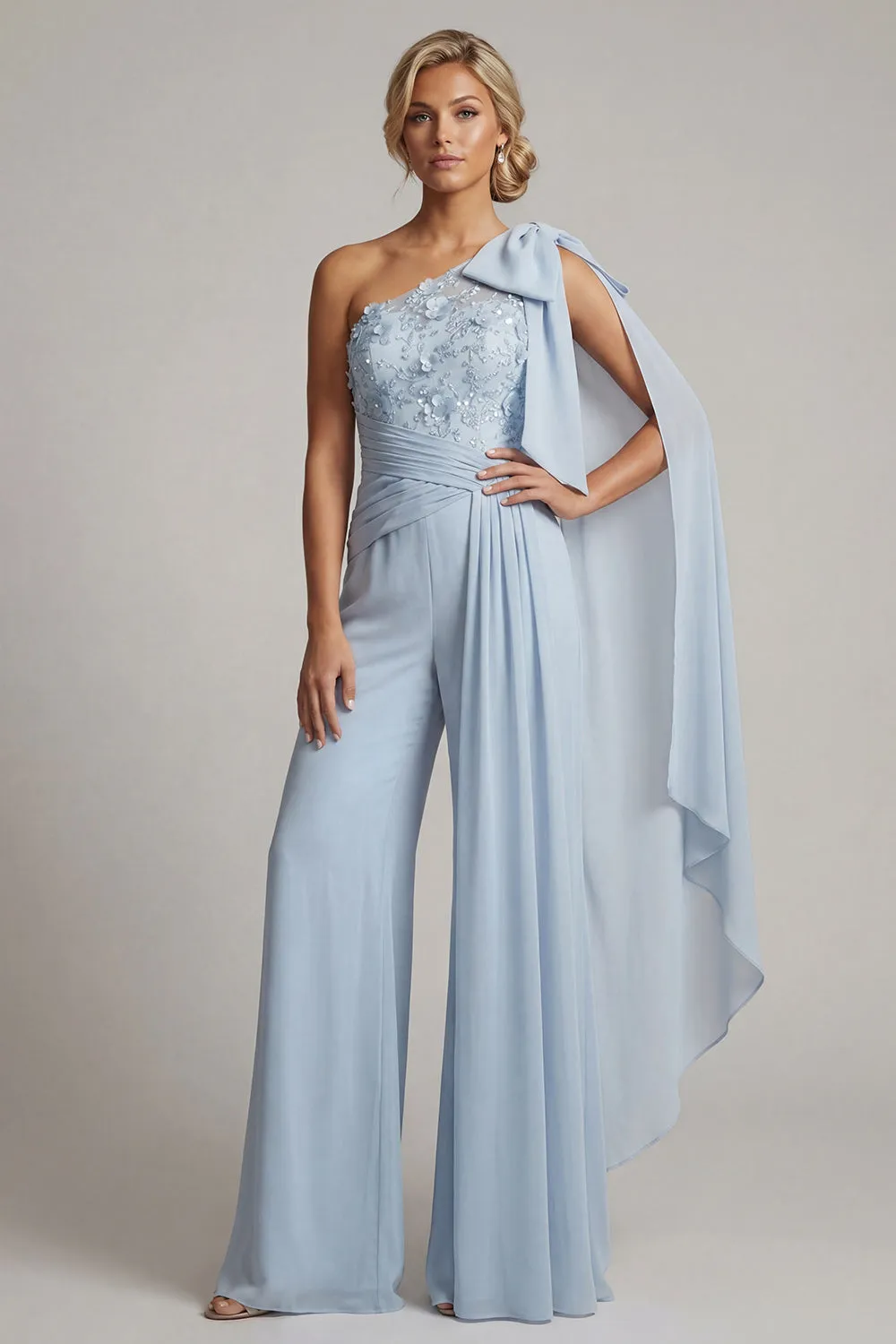 Sky Blue Floral Lace One-Shoulder Formal Pantsuit - Wide Leg Mother of the Bride Jumpsuit with Cape & Ruched Waist