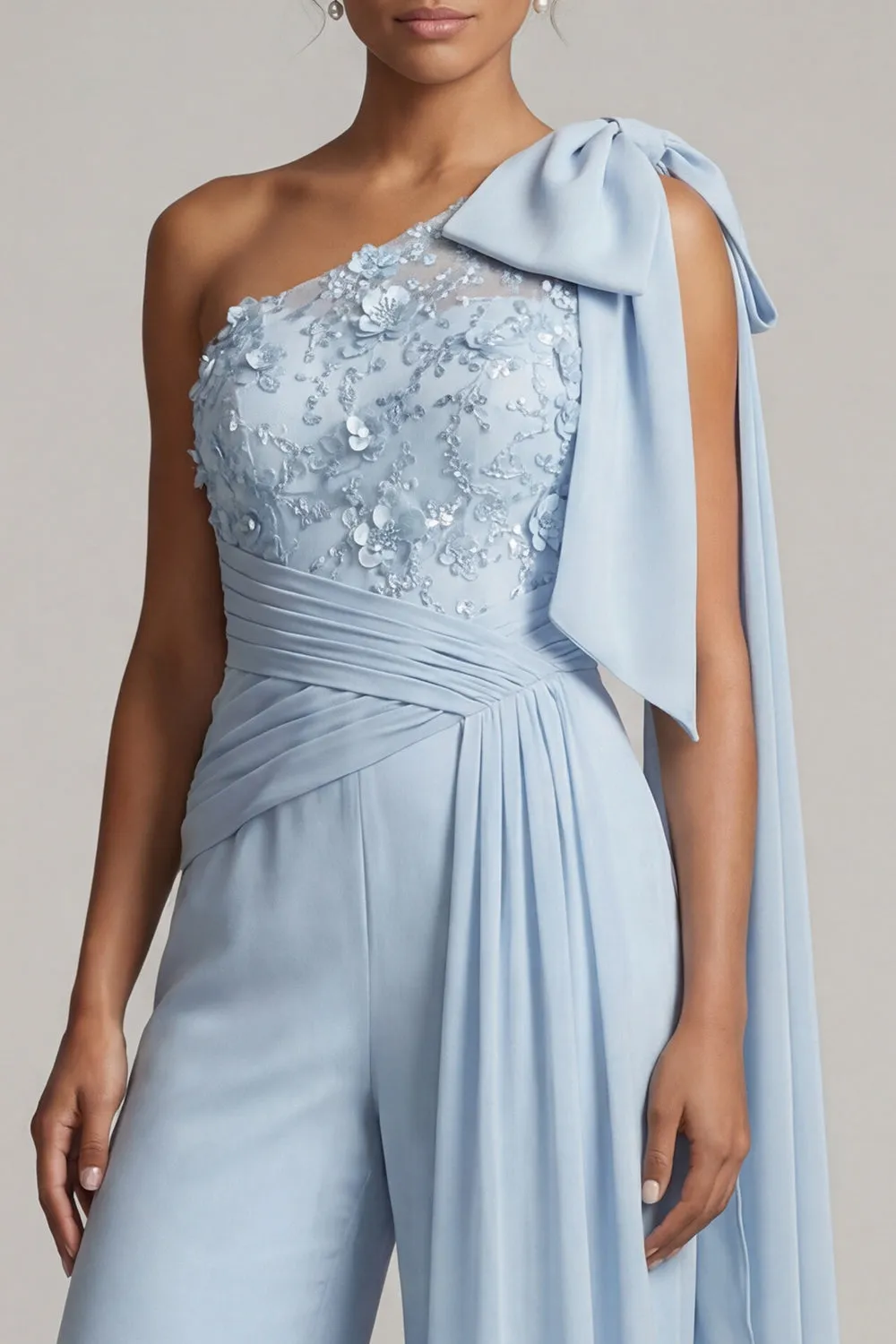 Sky Blue Floral Lace One-Shoulder Formal Pantsuit - Wide Leg Mother of the Bride Jumpsuit with Cape & Ruched Waist