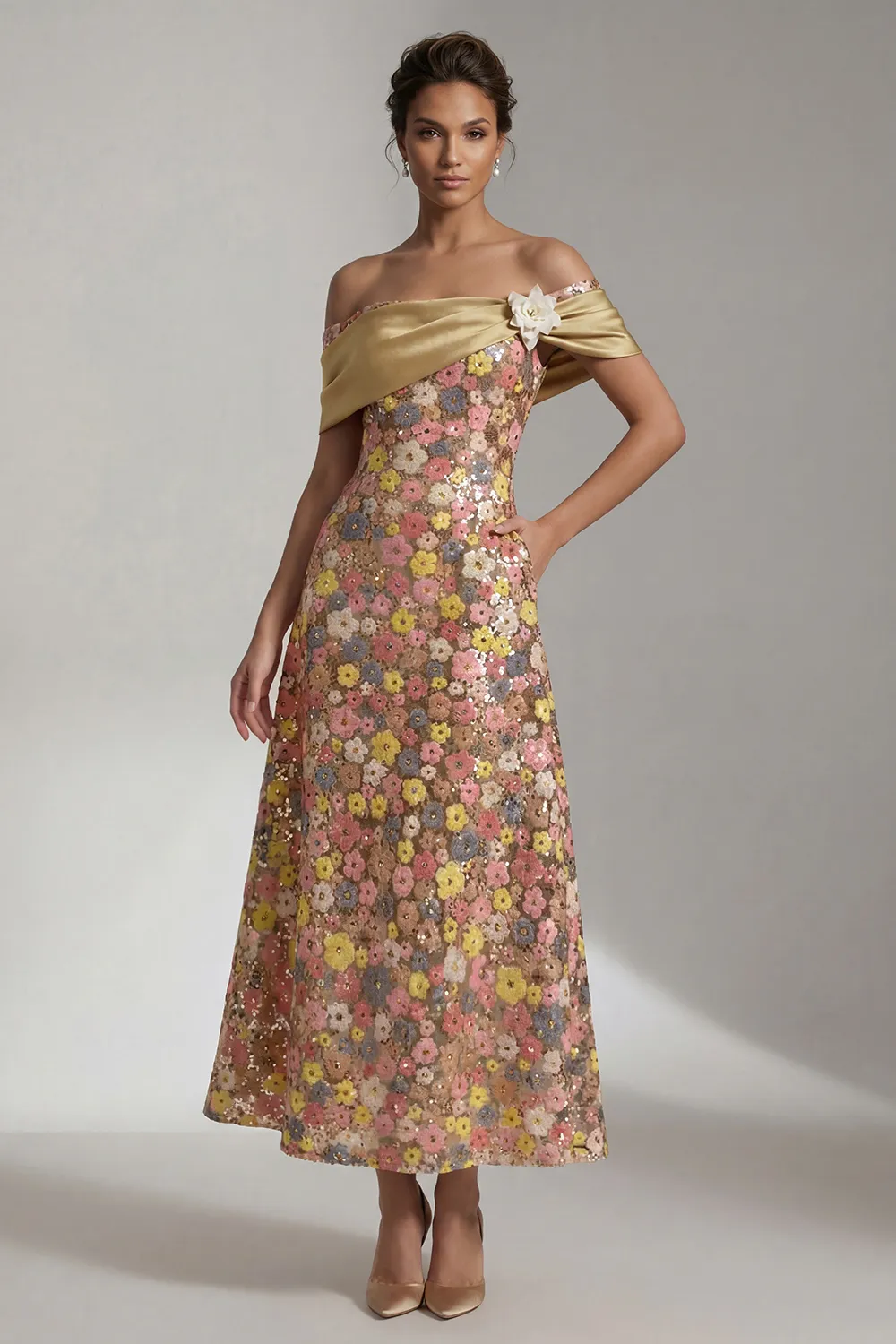 Champagne Pastel Floral Sequin A-Line Evening Gown - Off-The-Shoulder Satin Mother of the Bride Dress with Pockets