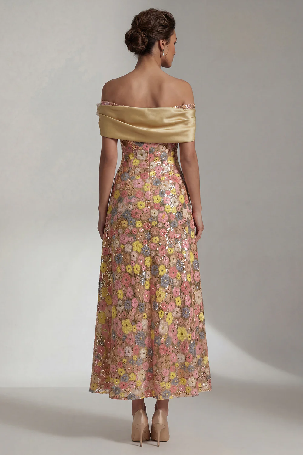 Champagne Pastel Floral Sequin A-Line Evening Gown - Off-The-Shoulder Satin Mother of the Bride Dress with Pockets