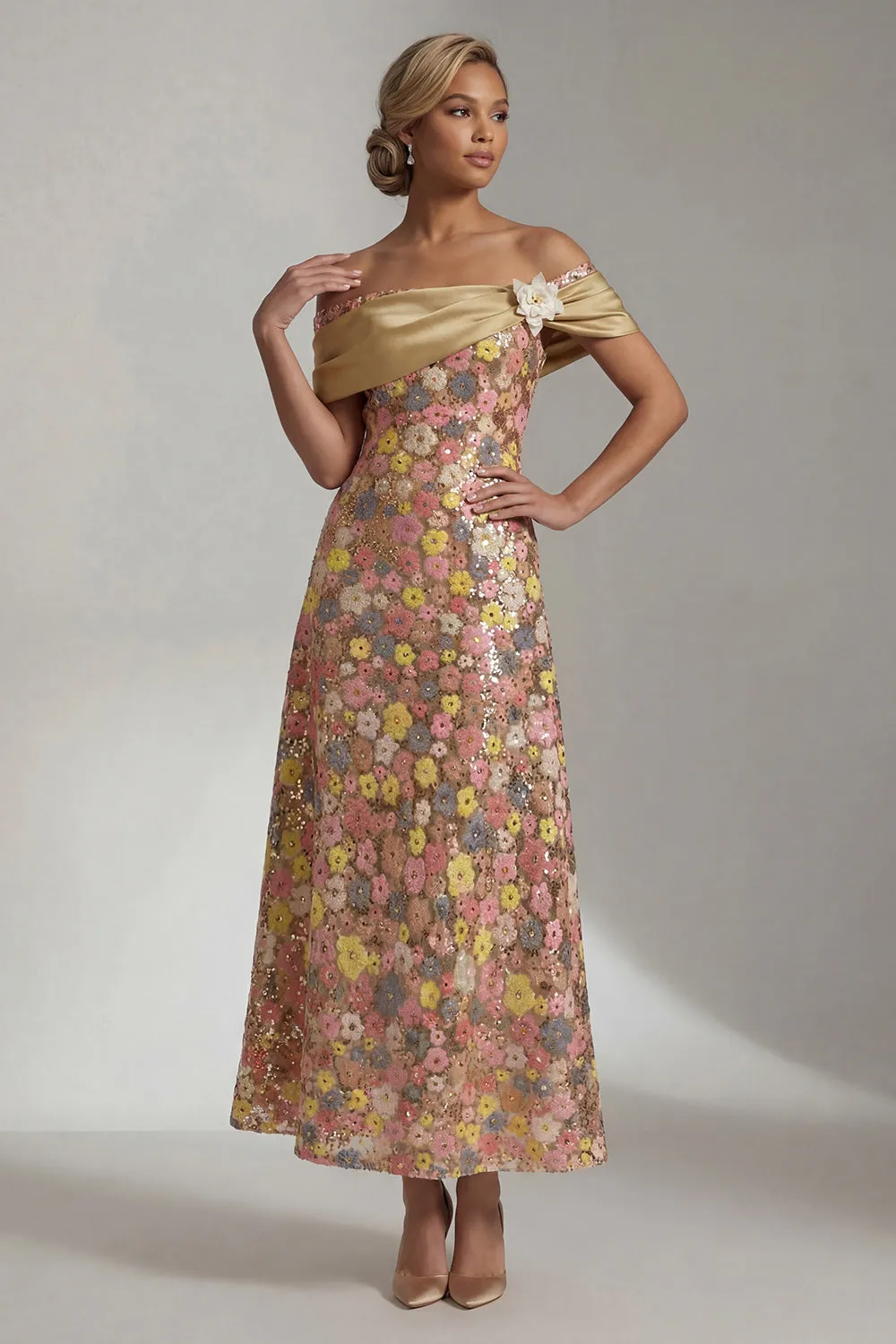 Champagne Pastel Floral Sequin A-Line Evening Gown - Off-The-Shoulder Satin Mother of the Bride Dress with Pockets