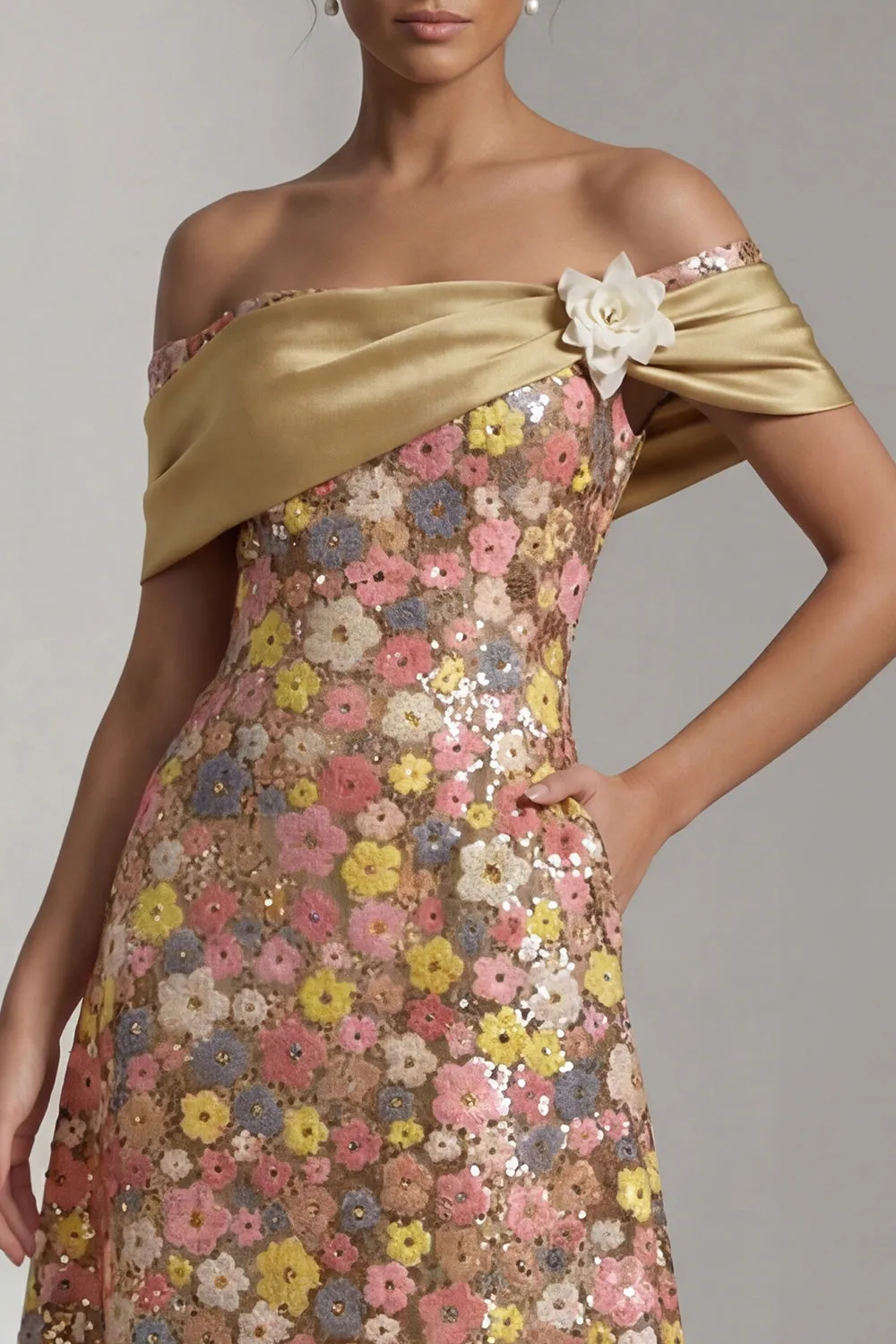 Champagne Pastel Floral Sequin A-Line Evening Gown - Off-The-Shoulder Satin Mother of the Bride Dress with Pockets