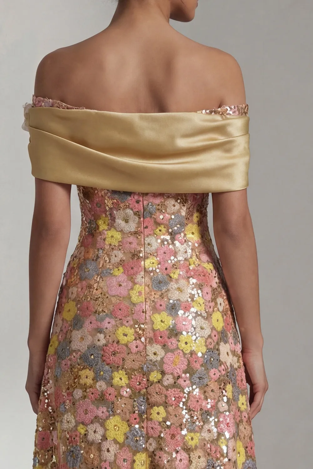 Champagne Pastel Floral Sequin A-Line Evening Gown - Off-The-Shoulder Satin Mother of the Bride Dress with Pockets