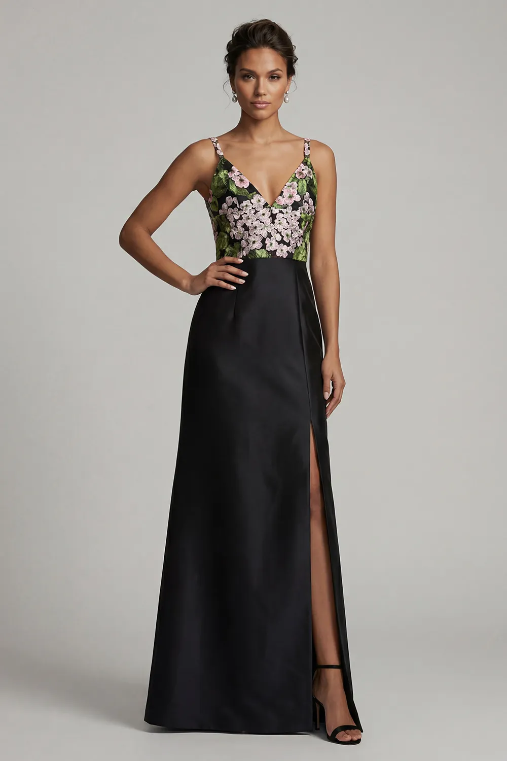 Black Floral Embroidered V-Neck Evening Gown - Structured Satin A-Line Mother of the Bride Dress with Slit