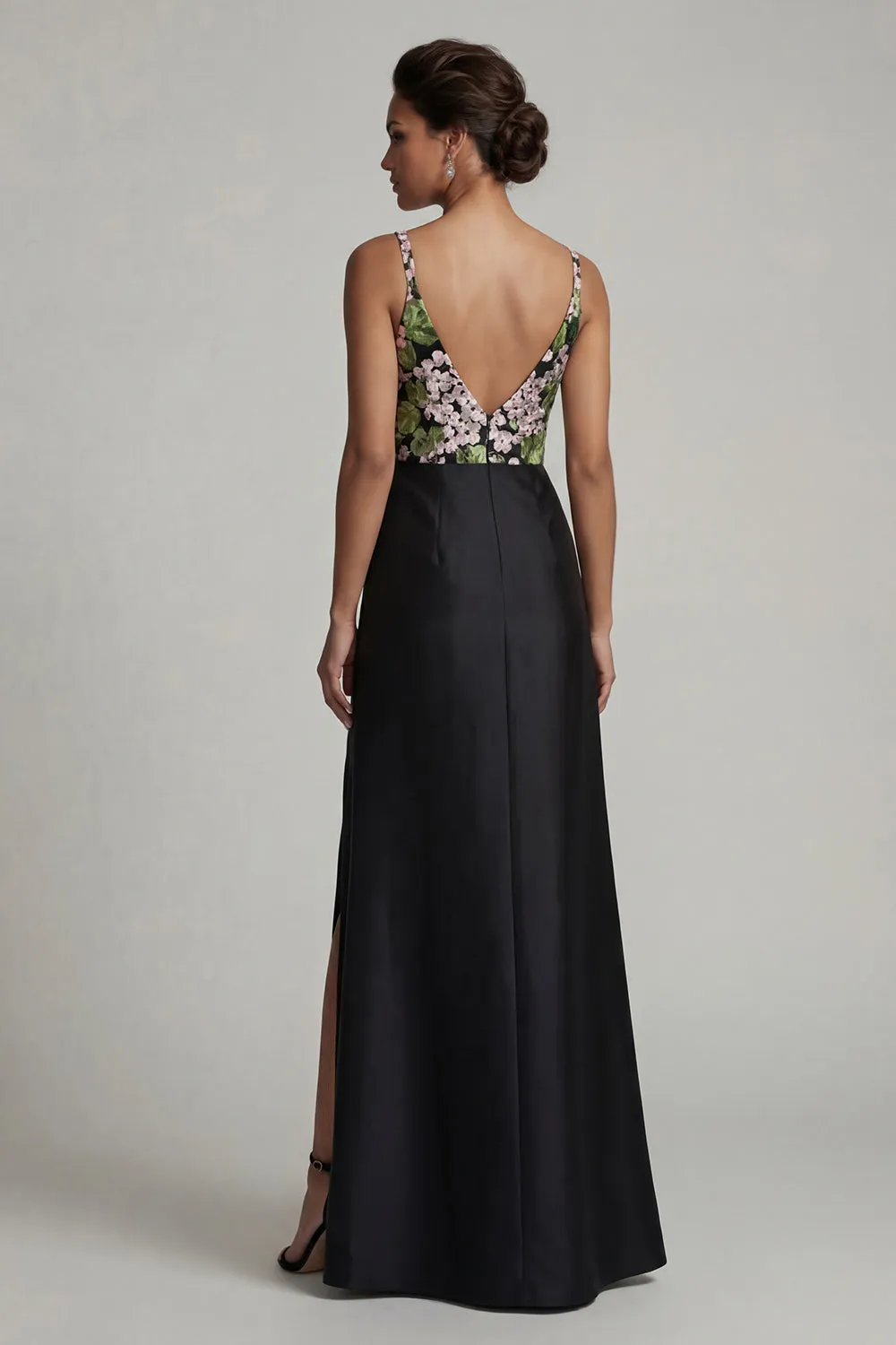 Black Floral Embroidered V-Neck Evening Gown - Structured Satin A-Line Mother of the Bride Dress with Slit