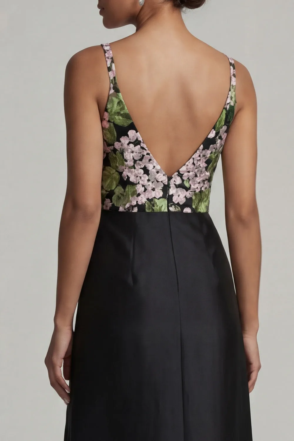 Black Floral Embroidered V-Neck Evening Gown - Structured Satin A-Line Mother of the Bride Dress with Slit