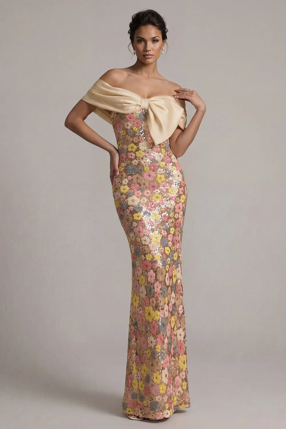 Champagne Pastel Floral Sequin Mermaid Evening Gown - Off-The-Shoulder Satin Bow Prom & Mother of the Bride Dress