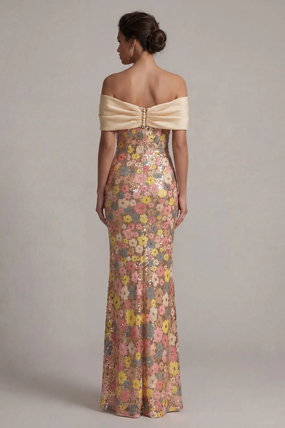 Champagne Pastel Floral Sequin Mermaid Evening Gown - Off-The-Shoulder Satin Bow Prom & Mother of the Bride Dress