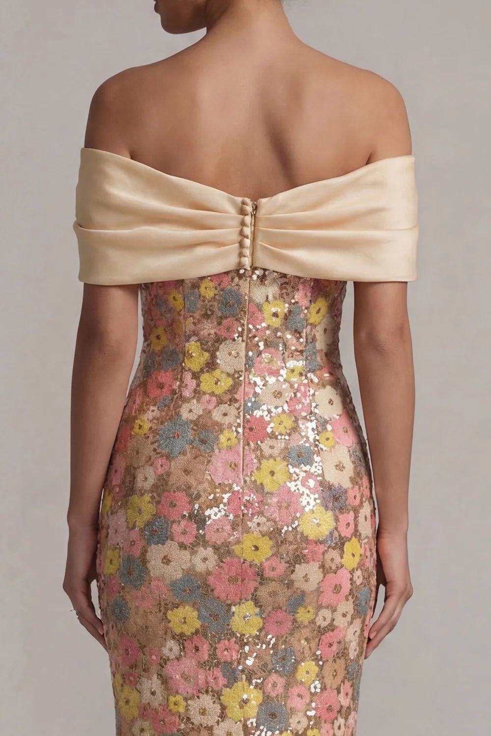 Champagne Pastel Floral Sequin Mermaid Evening Gown - Off-The-Shoulder Satin Bow Prom & Mother of the Bride Dress
