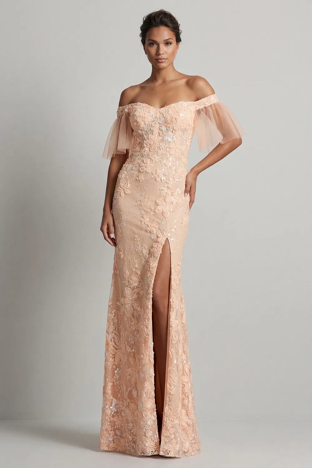 Sparkly Peach Floral Lace Mermaid Evening Gown - Off-The-Shoulder Flutter Sleeve Prom & Mother of the Bride Dress