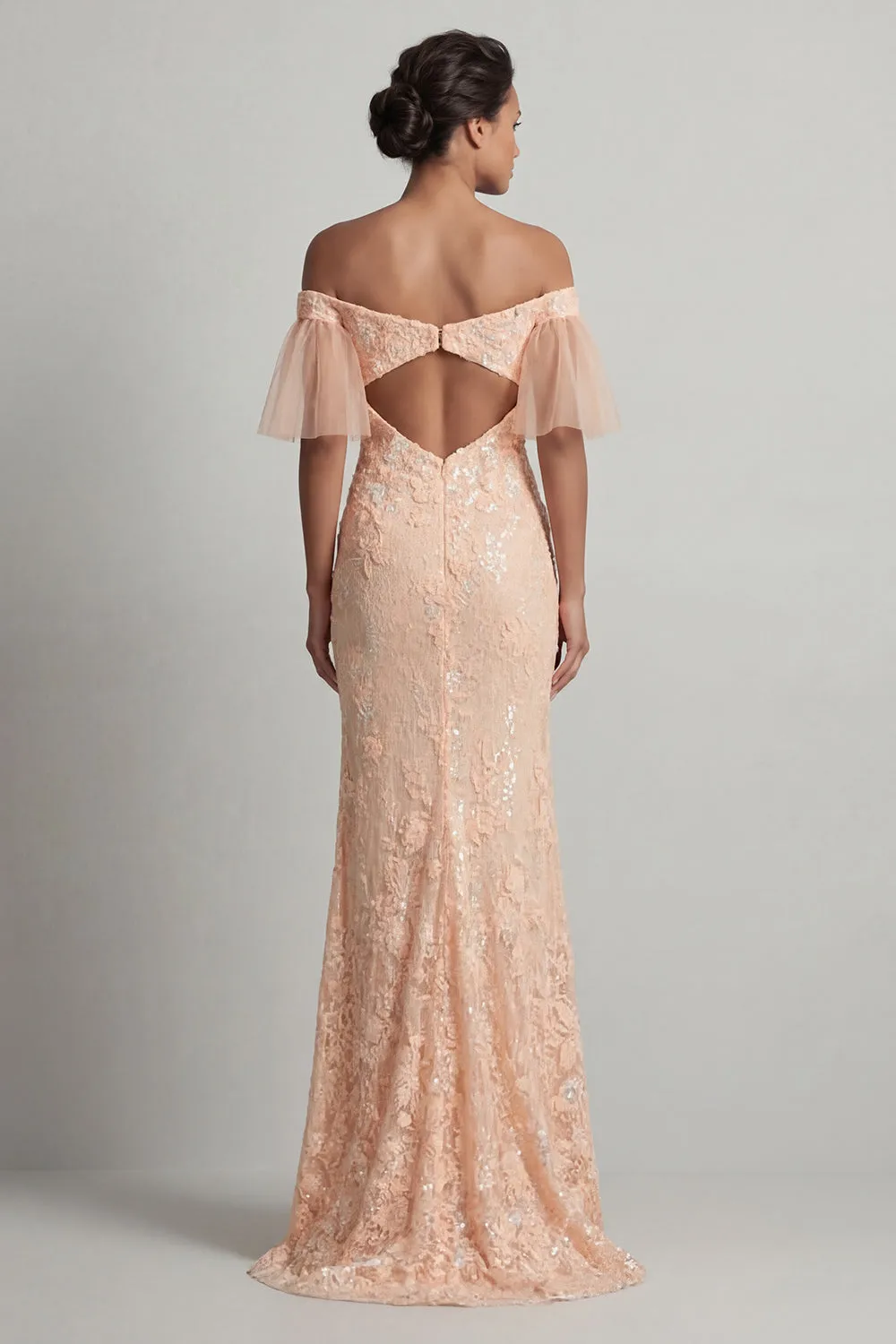 Sparkly Peach Floral Lace Mermaid Evening Gown - Off-The-Shoulder Flutter Sleeve Prom & Mother of the Bride Dress