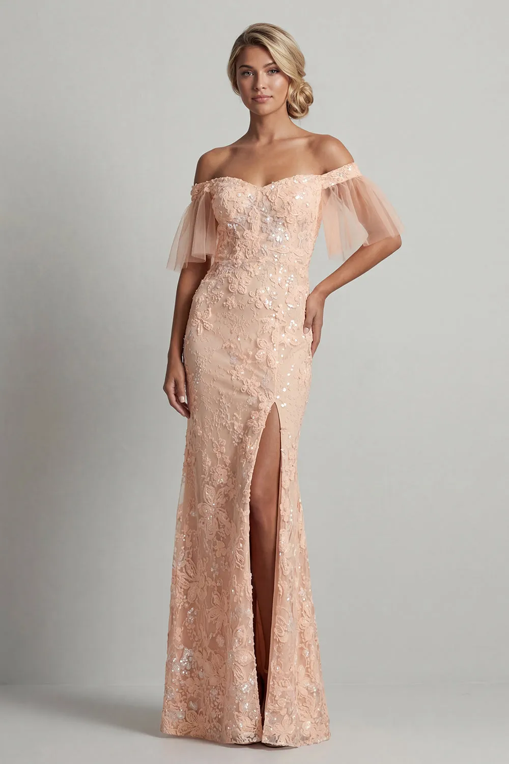 Sparkly Peach Floral Lace Mermaid Evening Gown - Off-The-Shoulder Flutter Sleeve Prom & Mother of the Bride Dress