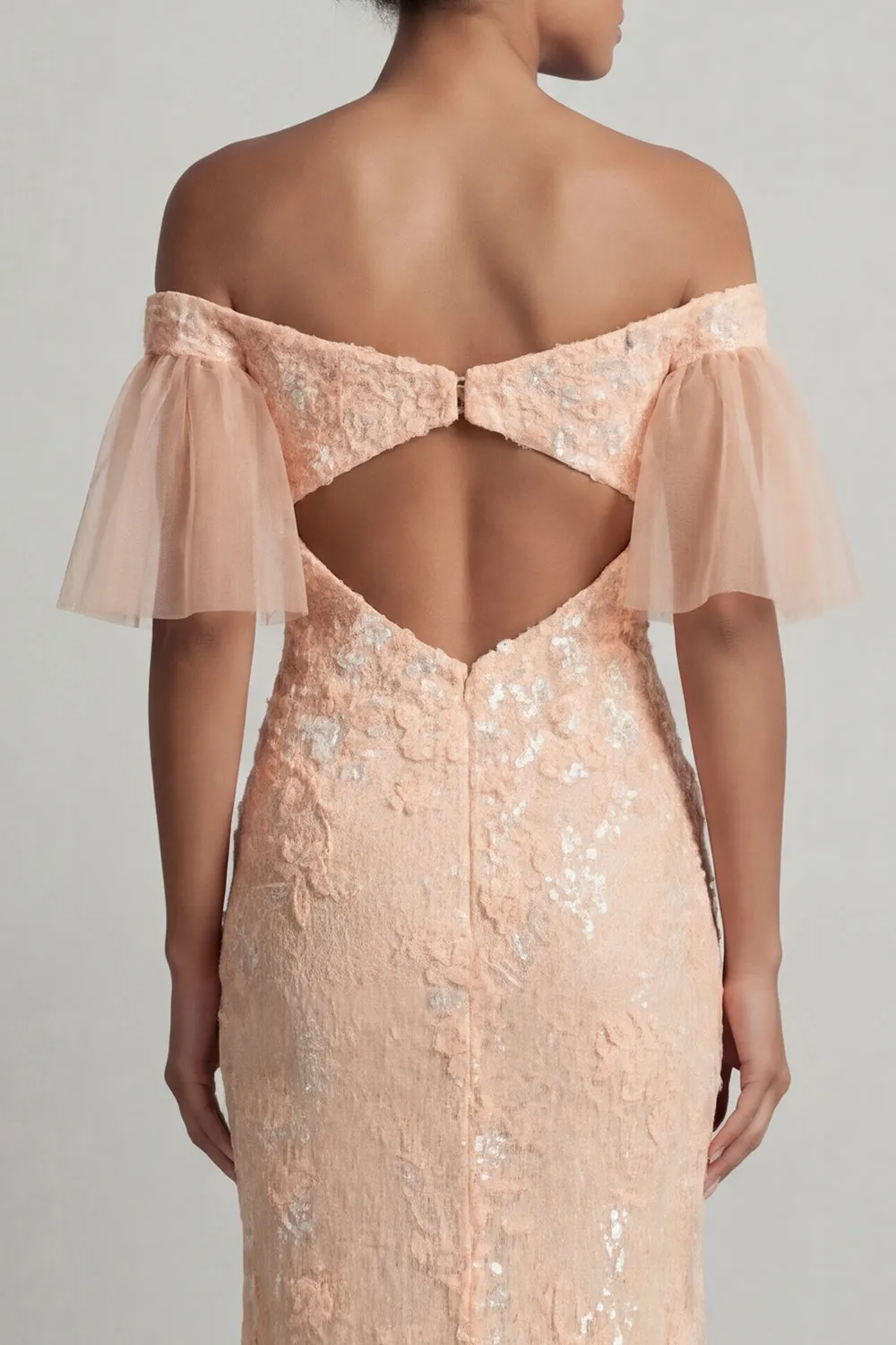 Sparkly Peach Floral Lace Mermaid Evening Gown - Off-The-Shoulder Flutter Sleeve Prom & Mother of the Bride Dress