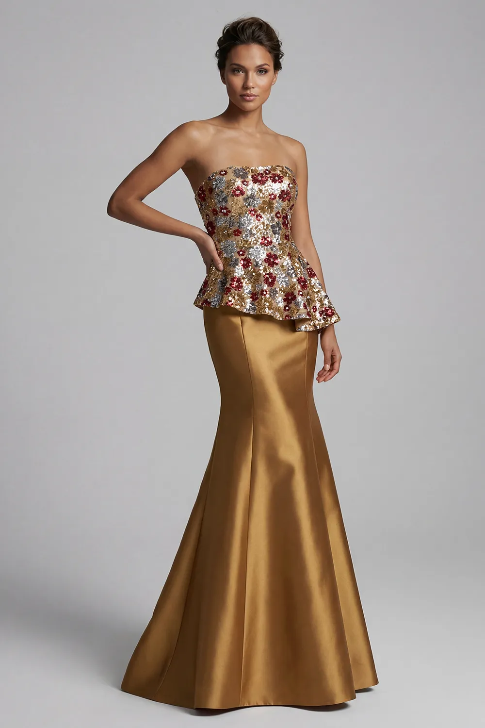 Gold Floral Sequin Peplum Evening Gown - Strapless Satin Mermaid Mother of the Bride Dress