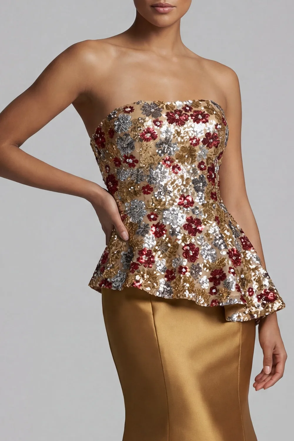Gold Floral Sequin Peplum Evening Gown - Strapless Satin Mermaid Mother of the Bride Dress