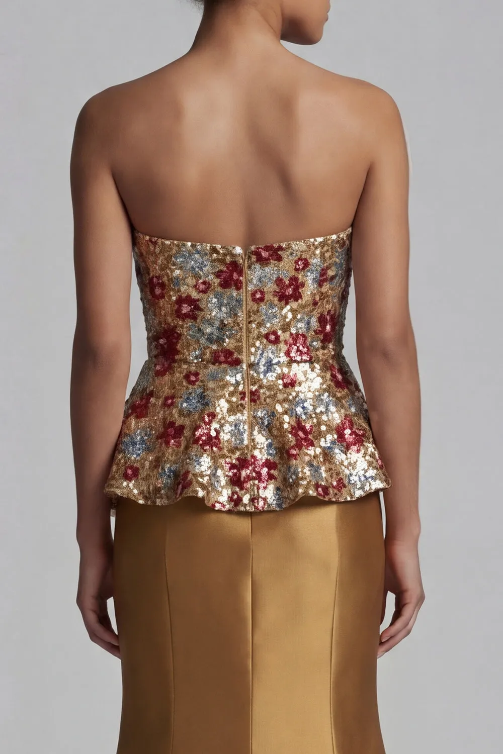 Gold Floral Sequin Peplum Evening Gown - Strapless Satin Mermaid Mother of the Bride Dress