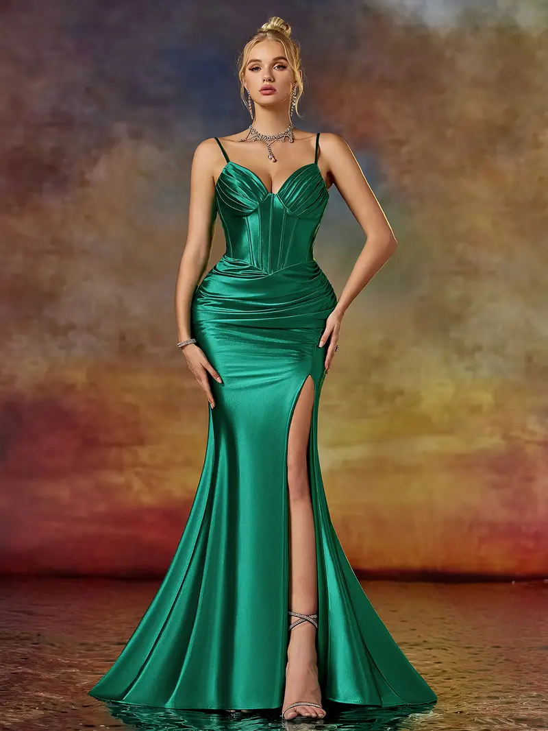Emerald Green Satin Mermaid Prom Dress - Sweetheart Corset Evening Gown with Ruched Waist & High Slit