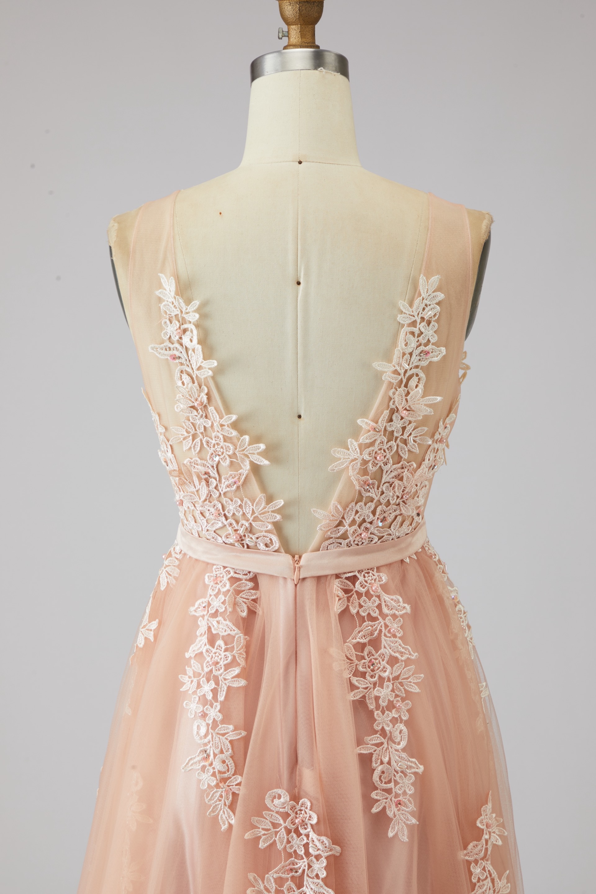 Ethereal Deep V-Neck Lace Applique Tulle A-Line Evening Gown | Backless Maxi Prom Dress for Formal Events