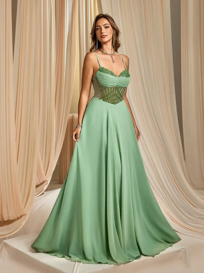 Sage Green Sheer Corset Prom Dress - Chiffon A-Line Evening Gown with High Slit & Sweetheart Neckline