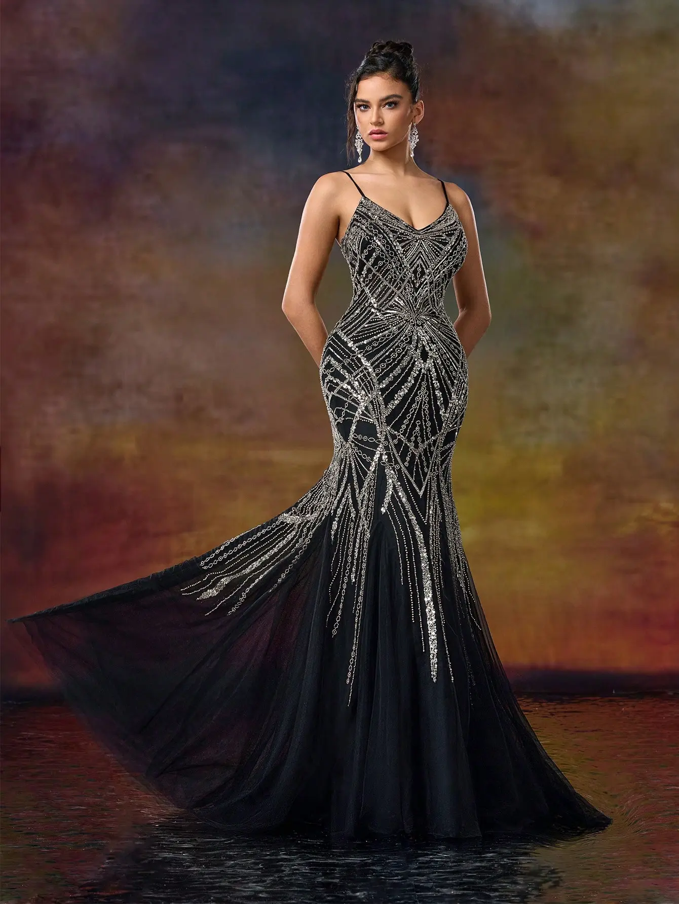 Black Art Deco Crystal Beaded Mermaid Evening Gown - Spaghetti Strap Tulle Prom Dress & Formal Gala Maxi