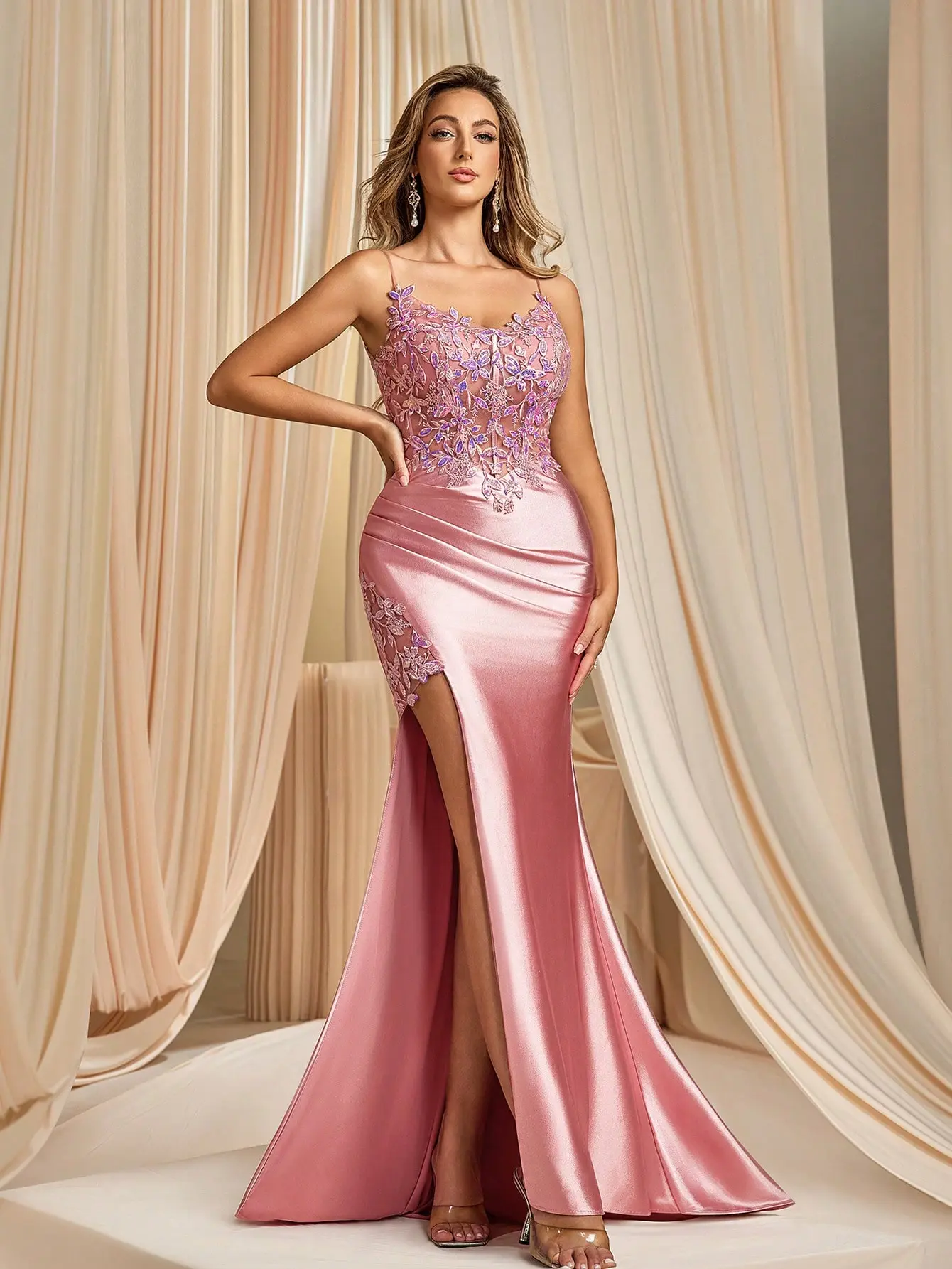 Blush Satin Mermaid Prom Dress - Illusion Gold Lace Corset Evening Gown with High Slit & Ruched Waist