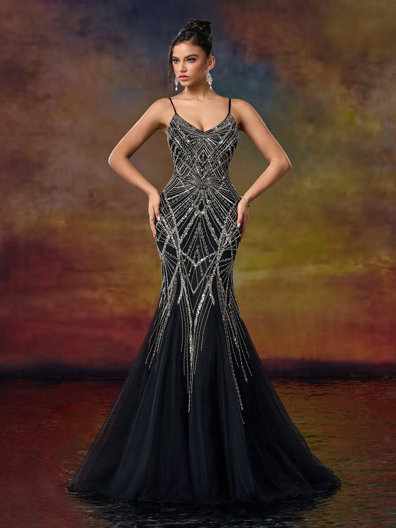 Black Art Deco Crystal Beaded Mermaid Evening Gown - Spaghetti Strap Tulle Prom Dress & Formal Gala Maxi