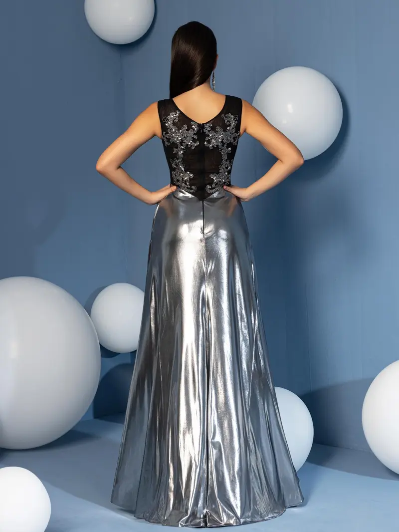 Black Applique Bodice & Metallic Silver Skirt Evening Gown - Scoop Neck Formal Prom Dress & Gala Maxi