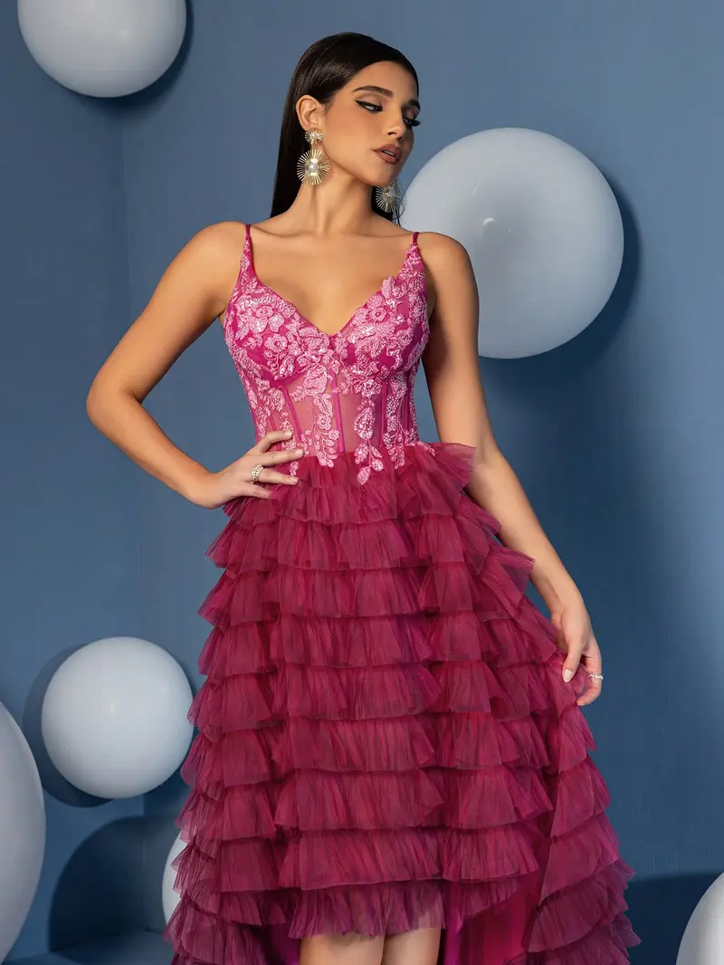 Ombré Pink to Purple High-Low Evening Gown - Sheer Corset Ruffled Tulle Prom Dress with Floral Embroidery