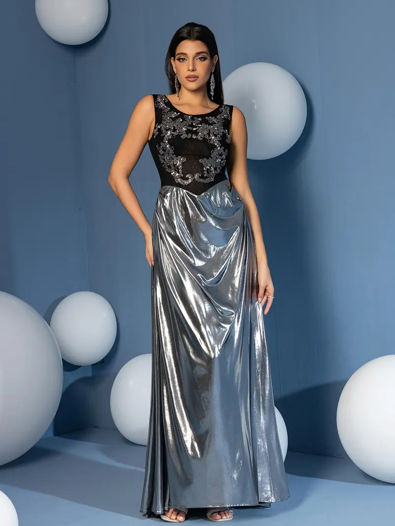 Black Applique Bodice & Metallic Silver Skirt Evening Gown - Scoop Neck Formal Prom Dress & Gala Maxi