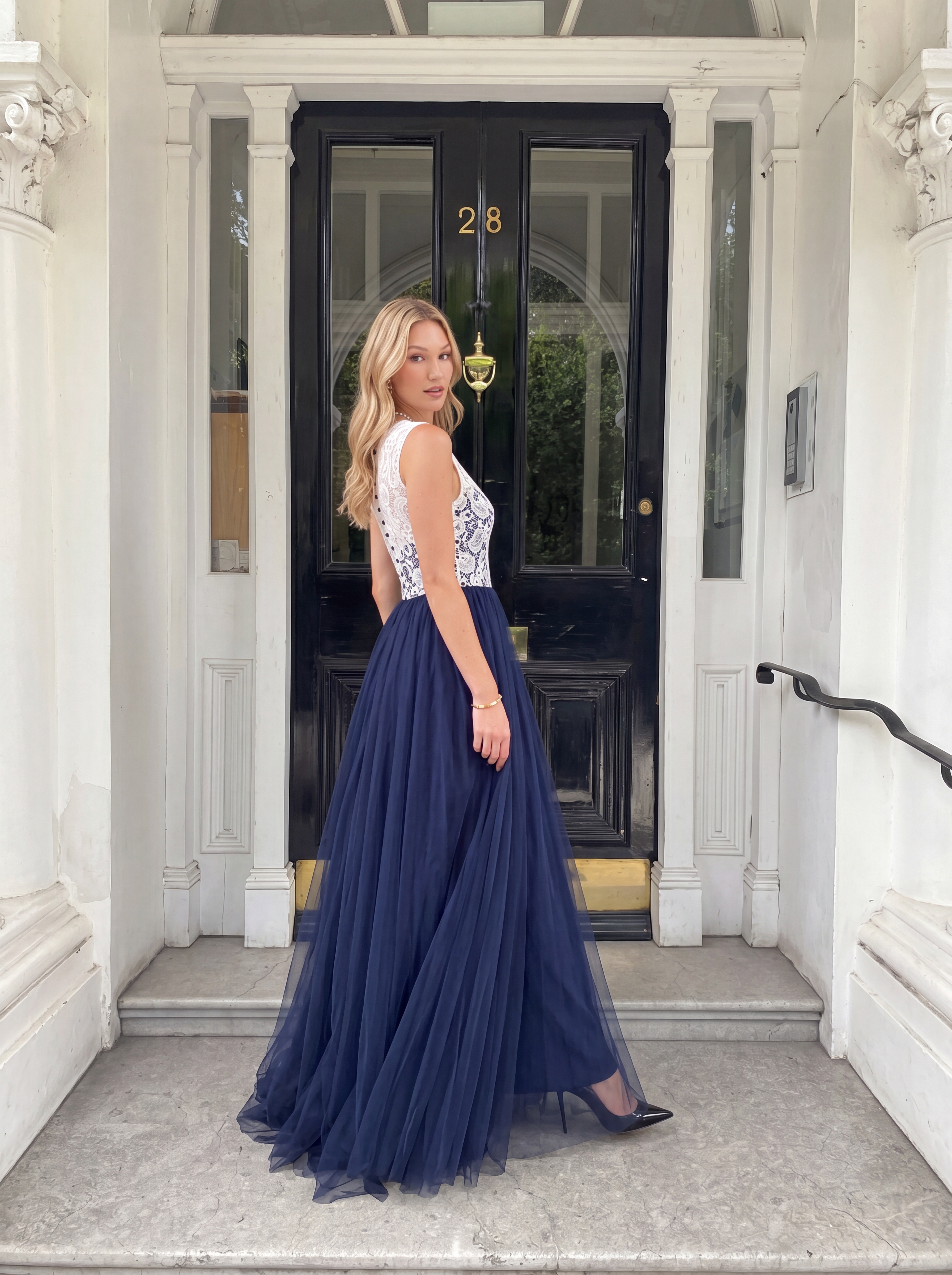 Navy Blue and White Lace Evening Dress Long - Illusion Neck Tulle Prom Ball Gown with Cap Sleeves