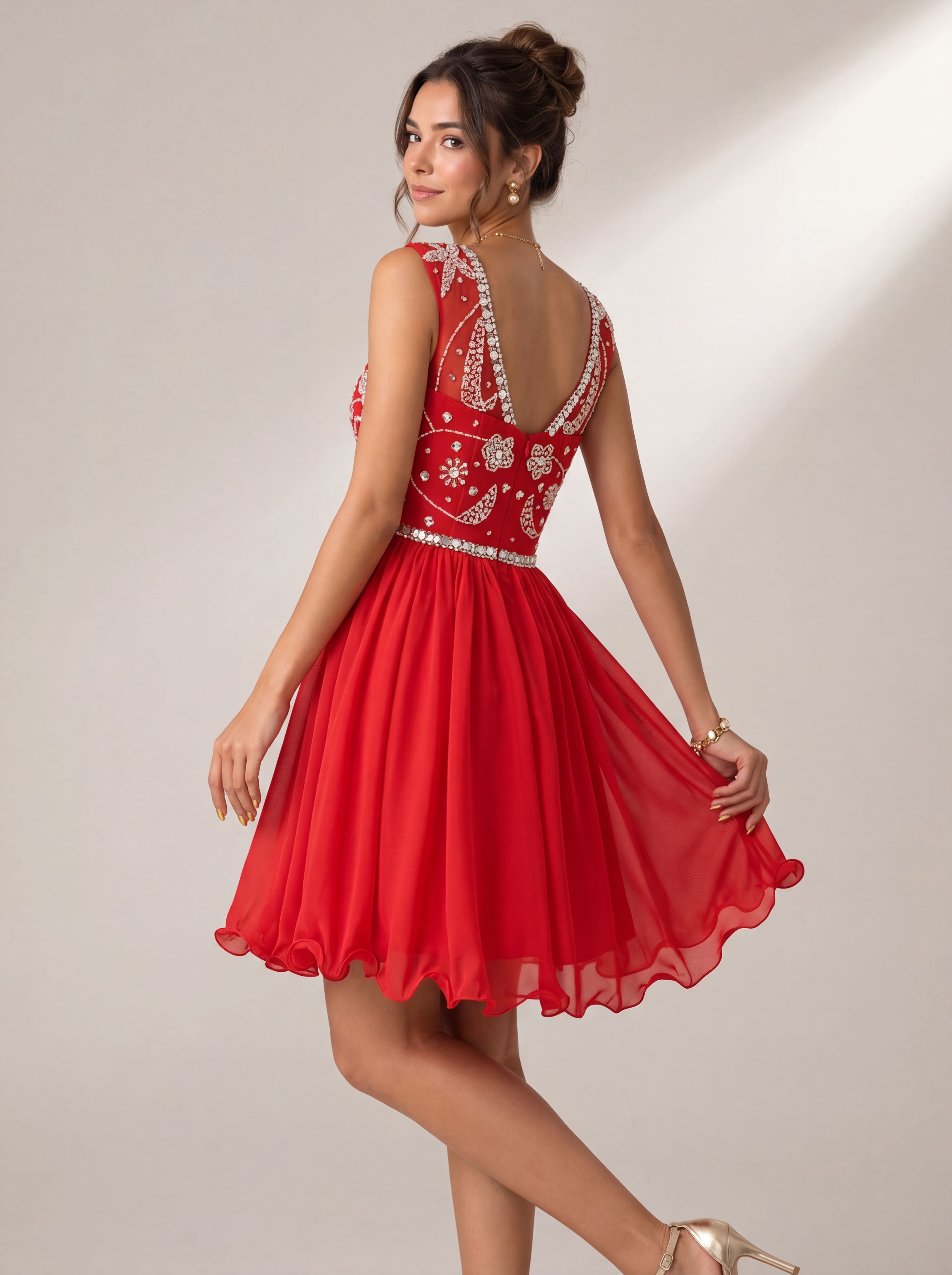 Sparkling Sequin Homecoming Dress Short - Illusion Neck Beaded Prom Gown with Chiffon Skirt