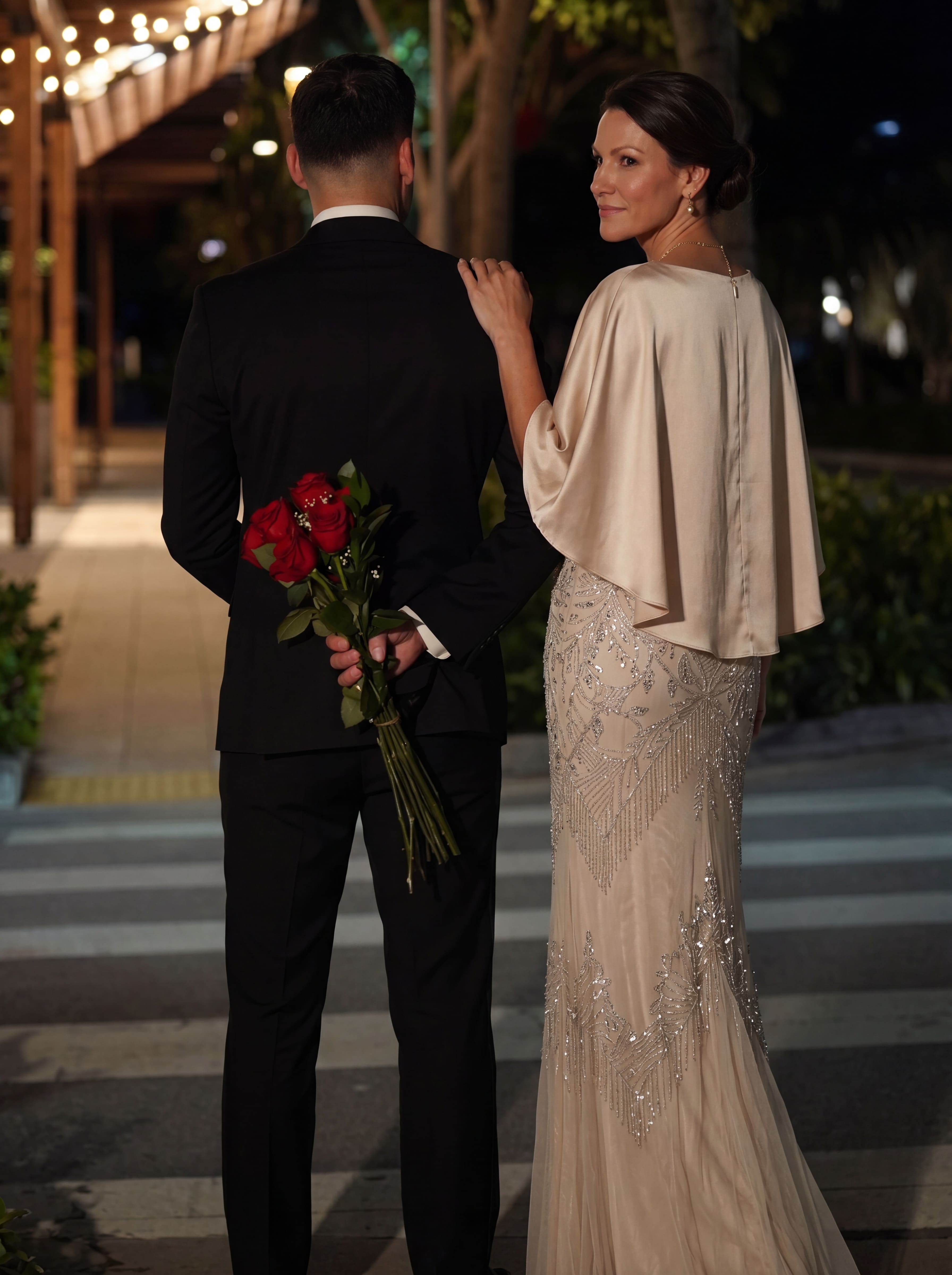 Champagne Art Deco Beaded Evening Gown - Satin Batwing mother of the Bride Dress with Pockets & Ruched Waist